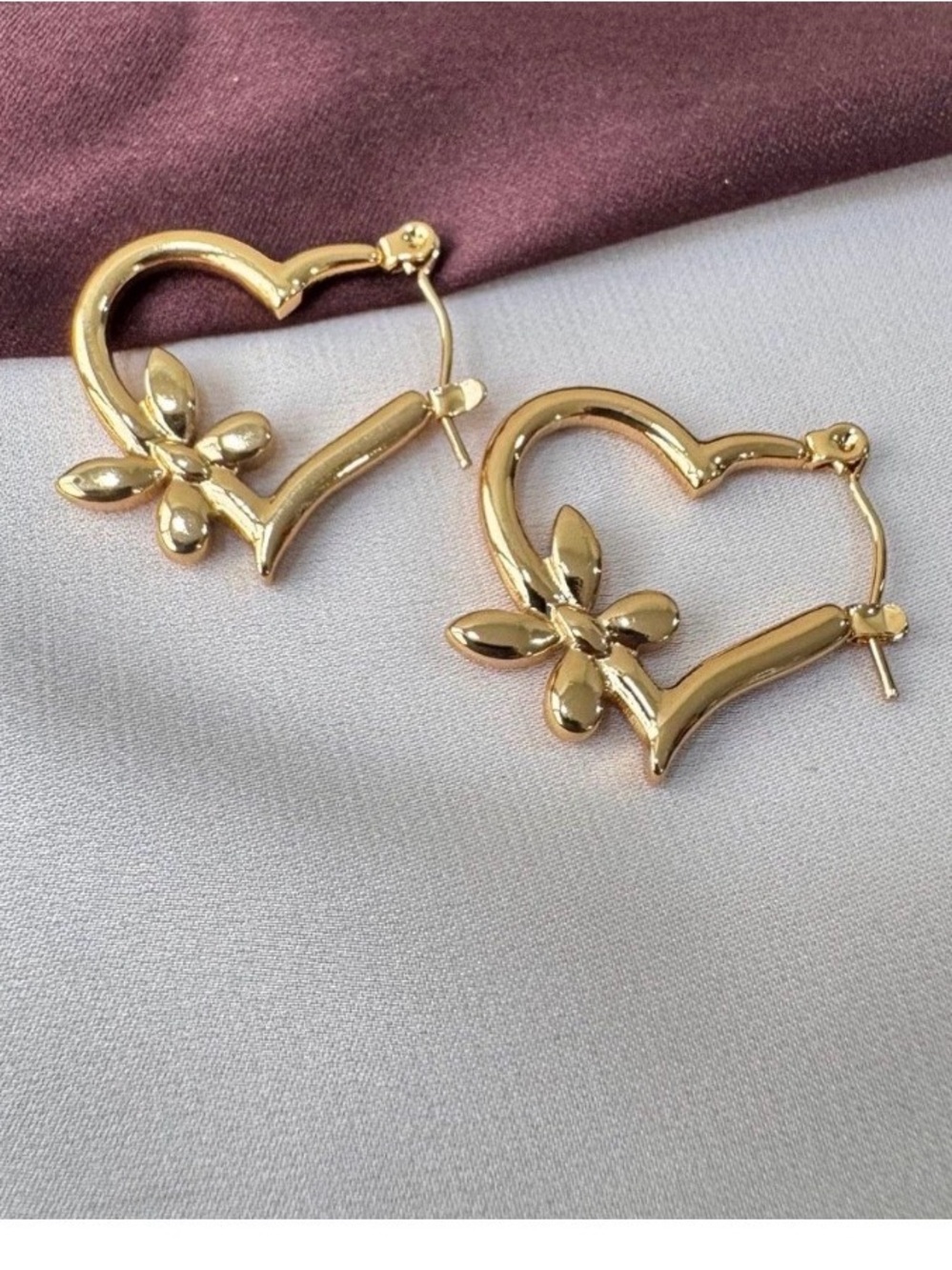 Gold Heart Hoop Earrings with Floral Accent - Women Jewelry
